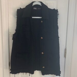 Zara Black Frayed Vest with Gold Buttons